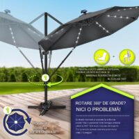 Umbrela de soare cu LED pentru terasa/gradina, din aluminiu premium, 330 cm, husa protectie, Tillvex®, reglabila in 6 directii, cu manivela, rotativa 360°, inclinabila, rezistenta UV50+, antracit