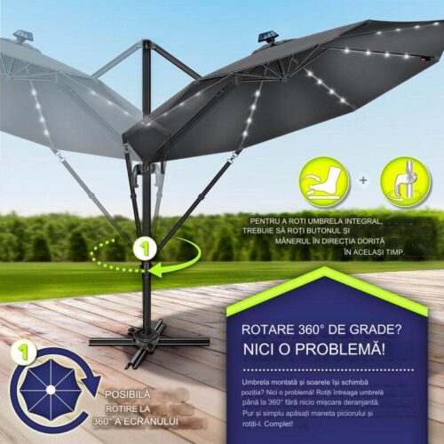 Umbrela de soare cu LED pentru terasa/gradina, din aluminiu premium, 330 cm, husa protectie, Tillvex®, reglabila in 6 directii, cu manivela, rotativa 360°, inclinabila, rezistenta UV50+, antracit
