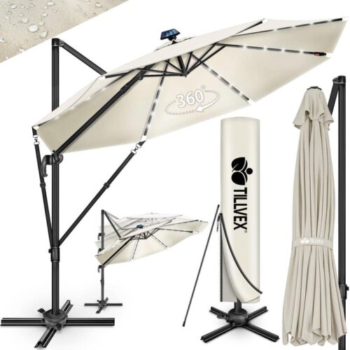 Umbrela de soare cu LED pentru terasa/gradina, din aluminiu premium, 330 cm, husa protectie, Tillvex®, reglabila in 6 directii, cu manivela, rotativa 360°, inclinabila, rezistenta UV50+, crem