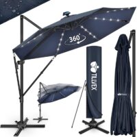 Umbrela de soare cu LED pentru terasa/gradina, din aluminiu premium, 330 cm, husa protectie, Tillvex®, reglabila in 6 directii, cu manivela, rotativa 360°, inclinabila, rezistenta UV50+, bleumarin
