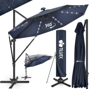 Umbrela de soare cu LED pentru terasa/gradina, din aluminiu premium, 330 cm, husa protectie, Tillvex®, reglabila in 6 directii, cu manivela, rotativa 360°, inclinabila, rezistenta UV50+, bleumarin