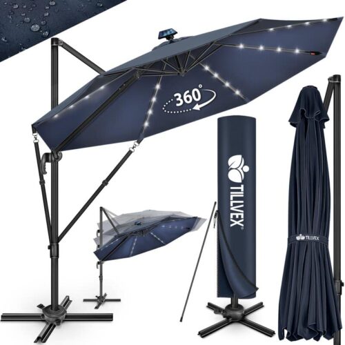 Umbrela de soare cu LED pentru terasa/gradina, din aluminiu premium, 330 cm, husa protectie, Tillvex®, reglabila in 6 directii, cu manivela, rotativa 360°, inclinabila, rezistenta UV50+, bleumarin
