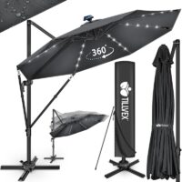 Umbrela de soare cu LED pentru terasa/gradina, din aluminiu premium, 330 cm, husa protectie, Tillvex®, reglabila in 6 directii, cu manivela, rotativa 360°, inclinabila, rezistenta UV50+, antracit
