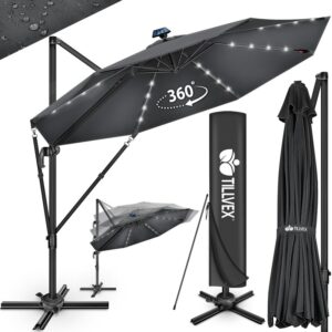 Umbrela de soare cu LED pentru terasa/gradina, din aluminiu premium, 330 cm, husa protectie, Tillvex®, reglabila in 6 directii, cu manivela, rotativa 360°, inclinabila, rezistenta UV50+, antracit