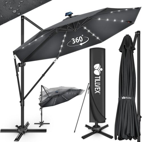 Umbrela de soare cu LED pentru terasa/gradina, din aluminiu premium, 330 cm, husa protectie, Tillvex®, reglabila in 6 directii, cu manivela, rotativa 360°, inclinabila, rezistenta UV50+, antracit