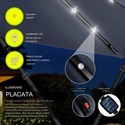 Umbrela de soare cu LED pentru terasa/gradina, din aluminiu premium, 330 cm, husa protectie, Tillvex®, reglabila in 6 directii, cu manivela, rotativa 360°, inclinabila, rezistenta UV50+, bleumarin