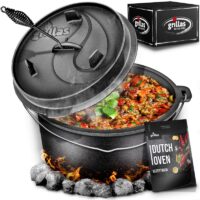 grillasz dutch oven set 42 liter topf ohne fuesse deckelheber bbq gusseisen feuertopf gusstopf schmortopf.jpg Oală fontă Dutch oven cu tocăniță pe jar