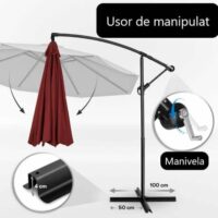 Umbrela terasa/gradina, protectie UV 50+, rezistent la intemperii/vant, acoperire hidrofuga, rotire la 360°, inclinatie reglabila, manivela practica, inaltime 240 cm x Ø 300 cm, rosu inchis