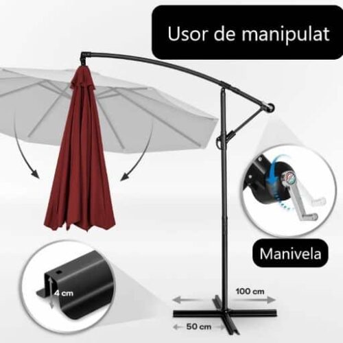 Umbrela terasa/gradina, protectie UV 50+, rezistent la intemperii/vant, acoperire hidrofuga, rotire la 360°, inclinatie reglabila, manivela practica, inaltime 240 cm x Ø 300 cm, rosu inchis