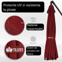 Umbrela terasa/gradina, protectie UV 50+, rezistent la intemperii/vant, acoperire hidrofuga, rotire la 360°, inclinatie reglabila, manivela practica, inaltime 240 cm x Ø 300 cm, rosu inchis