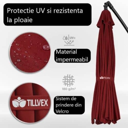 Umbrela terasa/gradina, protectie UV 50+, rezistent la intemperii/vant, acoperire hidrofuga, rotire la 360°, inclinatie reglabila, manivela practica, inaltime 240 cm x Ø 300 cm, rosu inchis