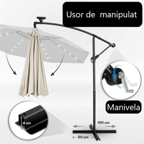 Umbrela terasa/gradina cu lumina LED, husa protectie, panou incarcare solara, protectie UV 50+, rotire la 360°, inclinatie reglabila, manivela, Ø 300 cm, crem