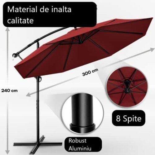Umbrela terasa/gradina, protectie UV 50+, rezistent la intemperii/vant, acoperire hidrofuga, rotire la 360°, inclinatie reglabila, manivela practica, inaltime 240 cm x Ø 300 cm, rosu inchis
