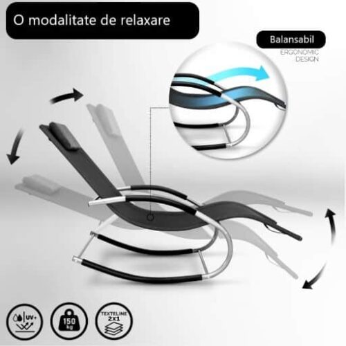 Sezlong balansoar, pliabil, rezistent la intemperii, rezistent la UV, capacitate 150 kg, 175 x 78 x 89 cm, gri