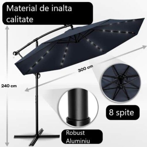 Umbrela terasa/gradina, cu lumina LED, husa protectie, protectie UV 50+, rotire la 360°, inclinatie reglabila, manivela, Ø 300 cm, albastru inchis