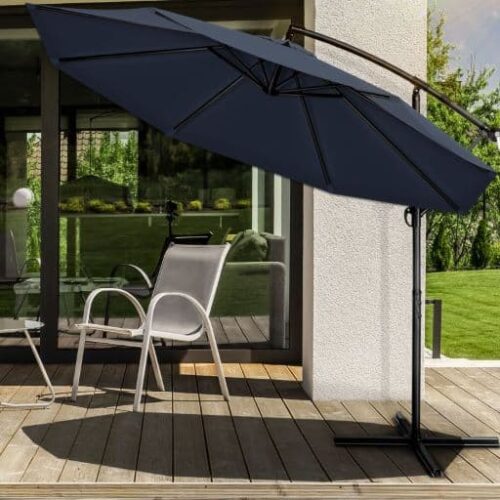 Umbrela terasa/gradina, protectie UV 50+, rezistent la intemperii/vant, acoperire hidrofuga, rotire la 360°, inclinatie reglabila, manivela practica, inaltime 240 cm x Ø 300 cm, albastru inchis