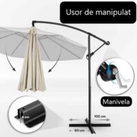 res_305eddd1b39c53292d1e9dda72bc324c.jpg Umbrela terasa/gradina, protectie UV 50+, rezistent la intemperii/vant, acoperire hidrofuga, rotire la 360°, inclinatie reglabila, manivela practica, inaltime 240 cm x Ø 300 cm, crem