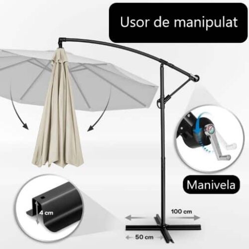 res_305eddd1b39c53292d1e9dda72bc324c.jpg Umbrela terasa/gradina, protectie UV 50+, rezistent la intemperii/vant, acoperire hidrofuga, rotire la 360°, inclinatie reglabila, manivela practica, inaltime 240 cm x Ø 300 cm, crem