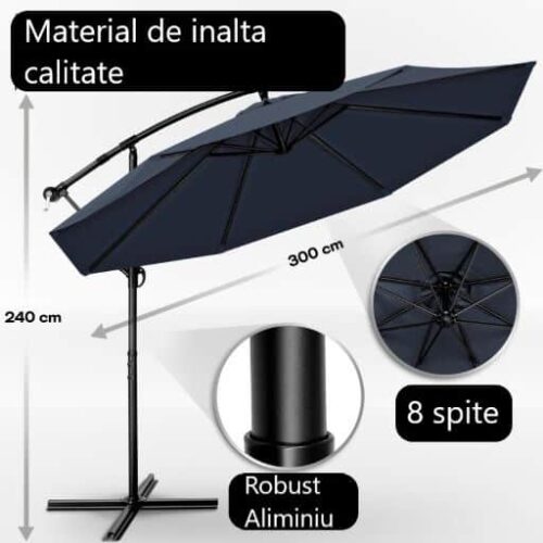 Umbrela terasa/gradina, protectie UV 50+, rezistent la intemperii/vant, acoperire hidrofuga, rotire la 360°, inclinatie reglabila, manivela practica, inaltime 240 cm x Ø 300 cm, albastru inchis