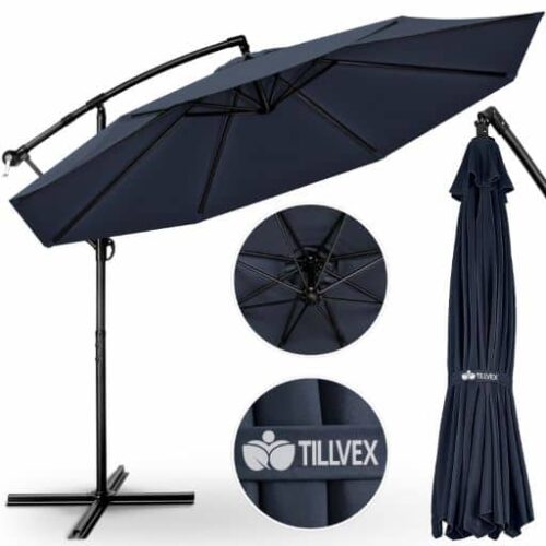 Umbrela terasa/gradina, protectie UV 50+, rezistent la intemperii/vant, acoperire hidrofuga, rotire la 360°, inclinatie reglabila, manivela practica, inaltime 240 cm x Ø 300 cm, albastru inchis