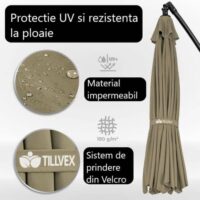 Umbrela terasa/gradina, protectie UV 50+, rezistent la intemperii/vant, acoperire hidrofuga, rotire la 360°, inclinatie reglabila, manivela practica, inaltime 240 cm x Ø 300 cm, crem inchis