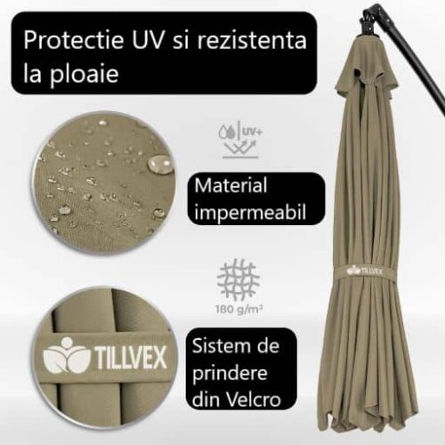 Umbrela terasa/gradina, protectie UV 50+, rezistent la intemperii/vant, acoperire hidrofuga, rotire la 360°, inclinatie reglabila, manivela practica, inaltime 240 cm x Ø 300 cm, crem inchis