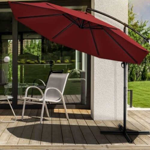 Umbrela terasa/gradina, protectie UV 50+, rezistent la intemperii/vant, acoperire hidrofuga, rotire la 360°, inclinatie reglabila, manivela practica, inaltime 240 cm x Ø 300 cm, rosu inchis