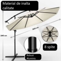 res_6a7a56aa2a2d3c43c210d8818e7122ca.jpg Umbrela terasa/gradina, protectie UV 50+, rezistent la intemperii/vant, acoperire hidrofuga, rotire la 360°, inclinatie reglabila, manivela practica, inaltime 240 cm x Ø 300 cm, crem