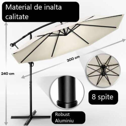 res_6a7a56aa2a2d3c43c210d8818e7122ca.jpg Umbrela terasa/gradina, protectie UV 50+, rezistent la intemperii/vant, acoperire hidrofuga, rotire la 360°, inclinatie reglabila, manivela practica, inaltime 240 cm x Ø 300 cm, crem
