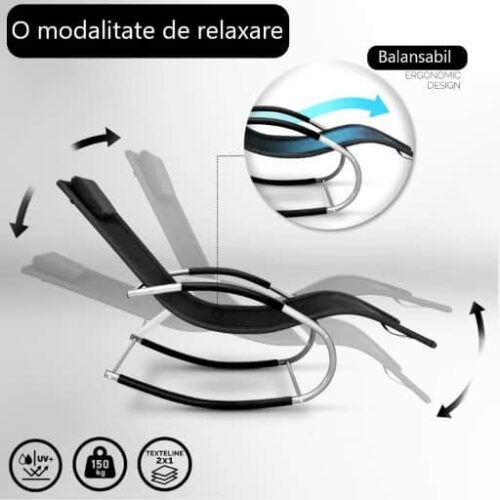 Sezlong balansoar, pliabil, rezistent la intemperii, rezistent la UV, capacitate 150 kg, 175 x 78 x 89 cm, negru