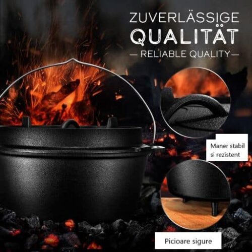 ceaun cuptor olandez grillas®, 9 litri, fonta, capacitate 8 14 persoane, capac tigaie, calitate premium, carte de retete Oală din fontă cu capac pe jar aprins