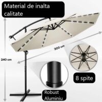 Umbrela terasa/gradina cu lumina LED, husa protectie, panou incarcare solara, protectie UV 50+, rotire la 360°, inclinatie reglabila, manivela, Ø 300 cm, crem