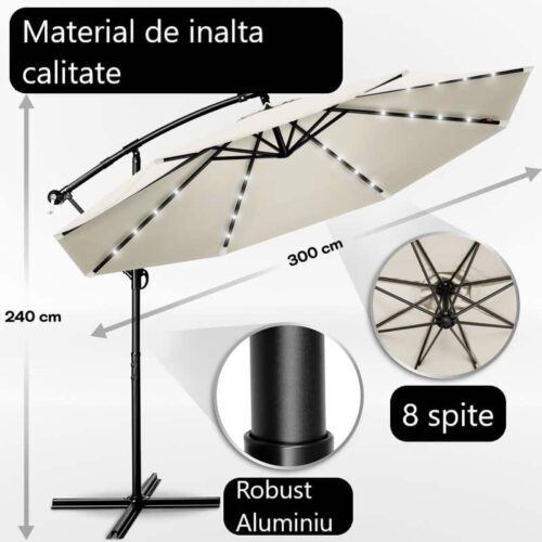 Umbrela terasa/gradina cu lumina LED, husa protectie, panou incarcare solara, protectie UV 50+, rotire la 360°, inclinatie reglabila, manivela, Ø 300 cm, crem