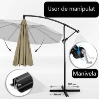 Umbrela terasa/gradina, protectie UV 50+, rezistent la intemperii/vant, acoperire hidrofuga, rotire la 360°, inclinatie reglabila, manivela practica, inaltime 240 cm x Ø 300 cm, crem inchis