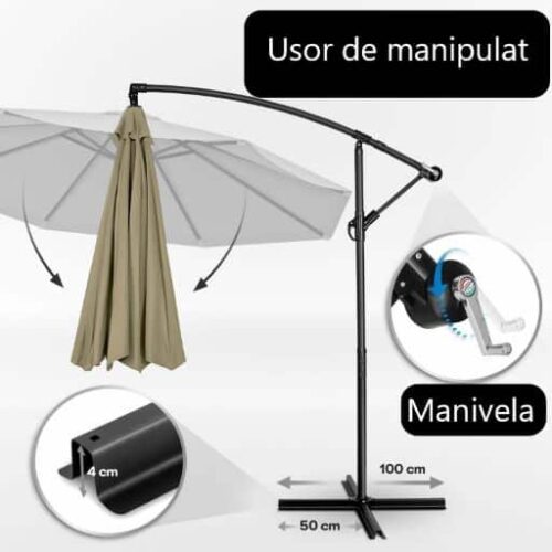 Umbrela terasa/gradina, protectie UV 50+, rezistent la intemperii/vant, acoperire hidrofuga, rotire la 360°, inclinatie reglabila, manivela practica, inaltime 240 cm x Ø 300 cm, crem inchis