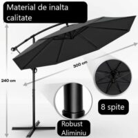 Umbrela terasa/gradina, protectie UV 50+, rezistent la intemperii/vant, acoperire hidrofuga, rotire la 360°, inclinatie reglabila, manivela practica, inaltime 240 cm x Ø 300 cm, antracit