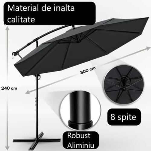 Umbrela terasa/gradina, protectie UV 50+, rezistent la intemperii/vant, acoperire hidrofuga, rotire la 360°, inclinatie reglabila, manivela practica, inaltime 240 cm x Ø 300 cm, antracit