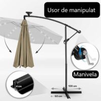 Umbrela terasa/gradina cu lumina LED, husa protectie, panou incarcare solara, protectie UV 50+, rotire la 360°, inclinatie reglabila, manivela, Ø 300 cm, crem inchis