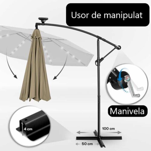 Umbrela terasa/gradina cu lumina LED, husa protectie, panou incarcare solara, protectie UV 50+, rotire la 360°, inclinatie reglabila, manivela, Ø 300 cm, crem inchis
