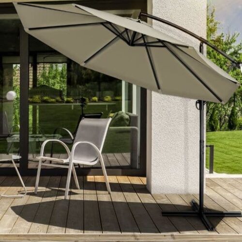 Umbrela terasa/gradina, protectie UV 50+, rezistent la intemperii/vant, acoperire hidrofuga, rotire la 360°, inclinatie reglabila, manivela practica, inaltime 240 cm x Ø 300 cm, crem inchis