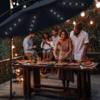 Umbrela terasa/gradina, cu lumina LED, husa protectie, protectie UV 50+, rotire la 360°, inclinatie reglabila, manivela, Ø 300 cm, albastru inchis