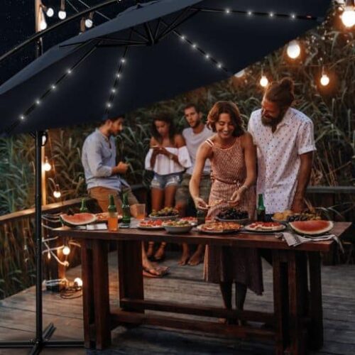 Umbrela terasa/gradina, cu lumina LED, husa protectie, protectie UV 50+, rotire la 360°, inclinatie reglabila, manivela, Ø 300 cm, albastru inchis