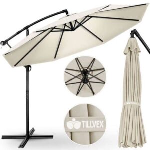 Umbrela terasa/gradina, protectie UV 50+, rezistent la intemperii/vant, acoperire hidrofuga, rotire la 360°, inclinatie reglabila, manivela practica, inaltime 240 cm x Ø 300 cm, crem