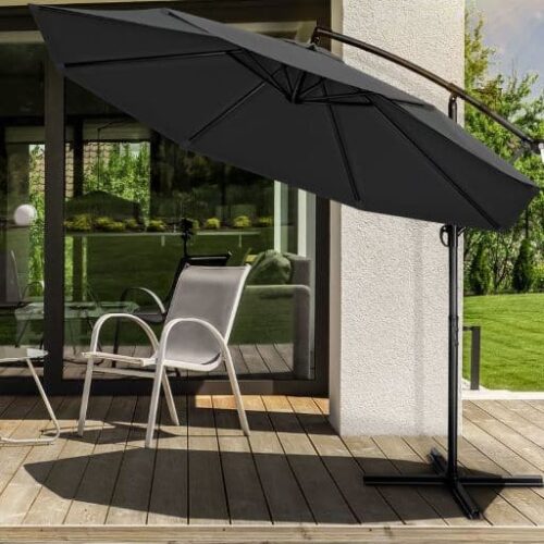 Umbrela terasa/gradina, protectie UV 50+, rezistent la intemperii/vant, acoperire hidrofuga, rotire la 360°, inclinatie reglabila, manivela practica, inaltime 240 cm x Ø 300 cm, antracit