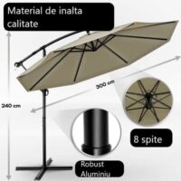 Umbrela terasa/gradina, protectie UV 50+, rezistent la intemperii/vant, acoperire hidrofuga, rotire la 360°, inclinatie reglabila, manivela practica, inaltime 240 cm x Ø 300 cm, crem inchis