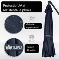 Umbrela terasa/gradina, protectie UV 50+, rezistent la intemperii/vant, acoperire hidrofuga, rotire la 360°, inclinatie reglabila, manivela practica, inaltime 240 cm x Ø 300 cm, albastru inchis