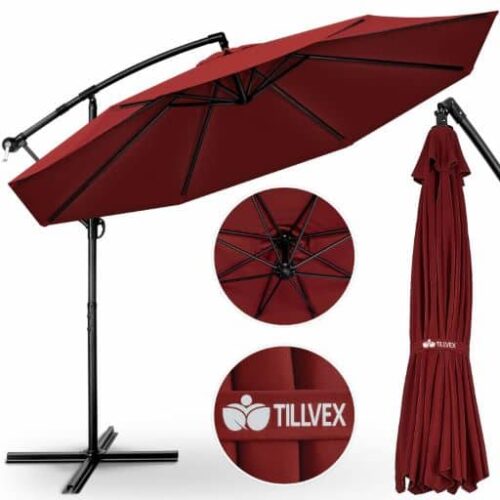 Umbrela terasa/gradina, protectie UV 50+, rezistent la intemperii/vant, acoperire hidrofuga, rotire la 360°, inclinatie reglabila, manivela practica, inaltime 240 cm x Ø 300 cm, rosu inchis