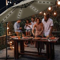 Umbrela terasa/gradina cu lumina LED, husa protectie, panou incarcare solara, protectie UV 50+, rotire la 360°, inclinatie reglabila, manivela, Ø 300 cm, crem inchis