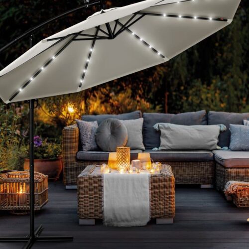 Umbrela terasa/gradina cu lumina LED, husa protectie, panou incarcare solara, protectie UV 50+, rotire la 360°, inclinatie reglabila, manivela, Ø 300 cm, crem