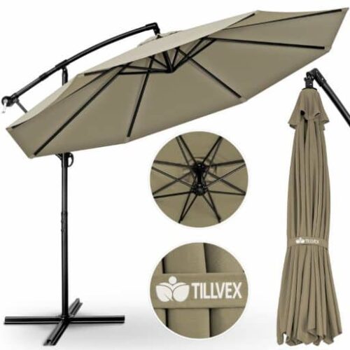 Umbrela terasa/gradina, protectie UV 50+, rezistent la intemperii/vant, acoperire hidrofuga, rotire la 360°, inclinatie reglabila, manivela practica, inaltime 240 cm x Ø 300 cm, crem inchis